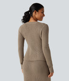 Round Neck Long Sleeve Ruffle Hem Work Jumper — Dark Reddish Brown — view 2