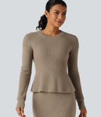 Round Neck Long Sleeve Ruffle Hem Work Jumper — Dark Reddish Brown — view 4