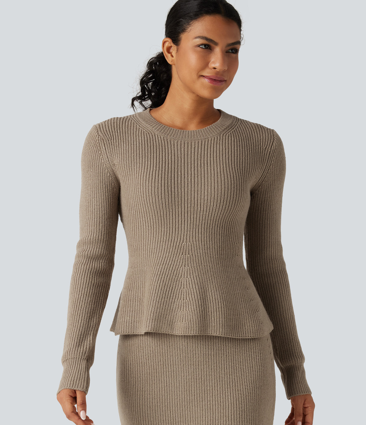 Round Neck Long Sleeve Ruffle Hem Work Jumper — Dark Reddish Brown — view 4
