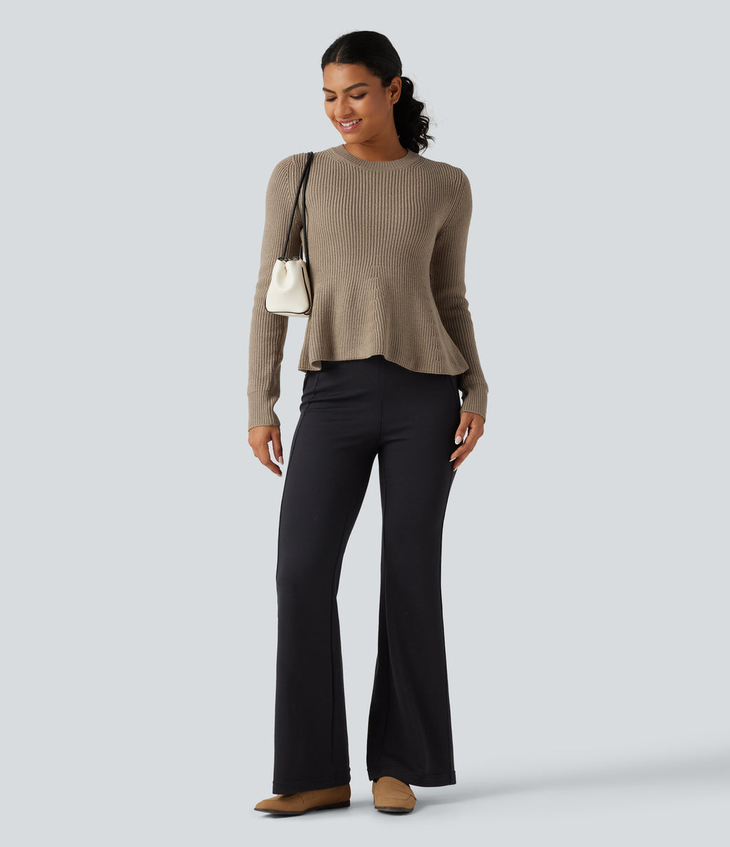 Round Neck Long Sleeve Ruffle Hem Work Jumper — Dark Reddish Brown — view 7