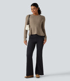 Round Neck Long Sleeve Ruffle Hem Work Jumper — Dark Reddish Brown — view 7