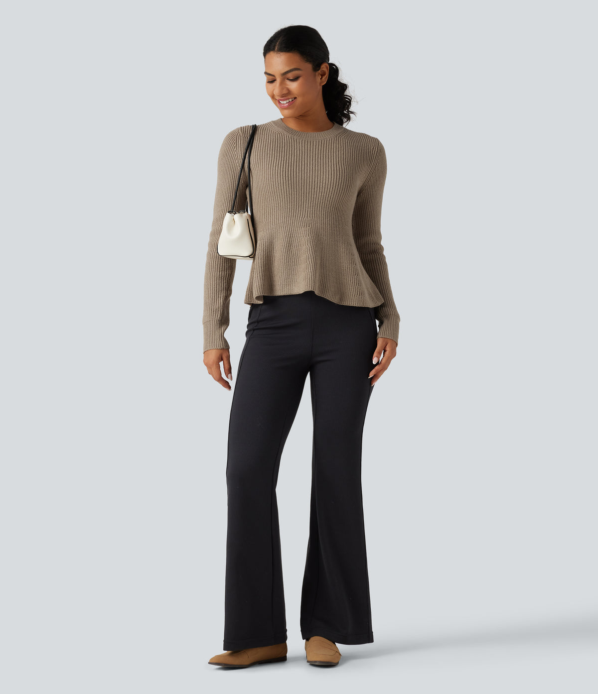 Round Neck Long Sleeve Ruffle Hem Work Jumper — Dark Reddish Brown — view 7