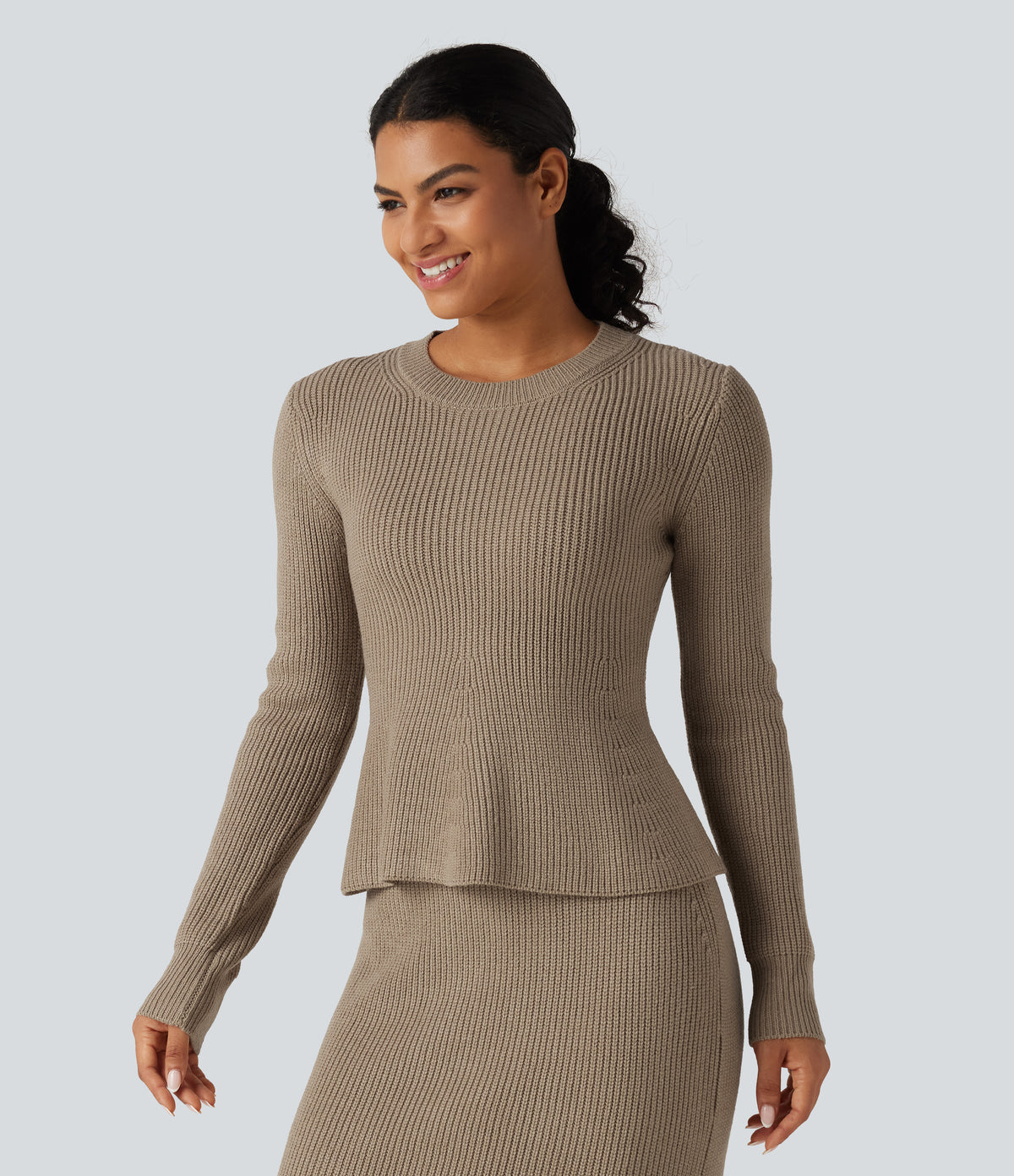 Round Neck Long Sleeve Ruffle Hem Work Jumper — Dark Reddish Brown — view 3