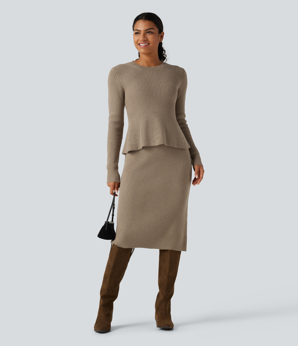 Round Neck Long Sleeve Ruffle Hem Work Jumper — Dark Reddish Brown — view 6