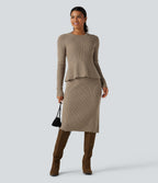Round Neck Long Sleeve Ruffle Hem Work Jumper — Dark Reddish Brown — view 6