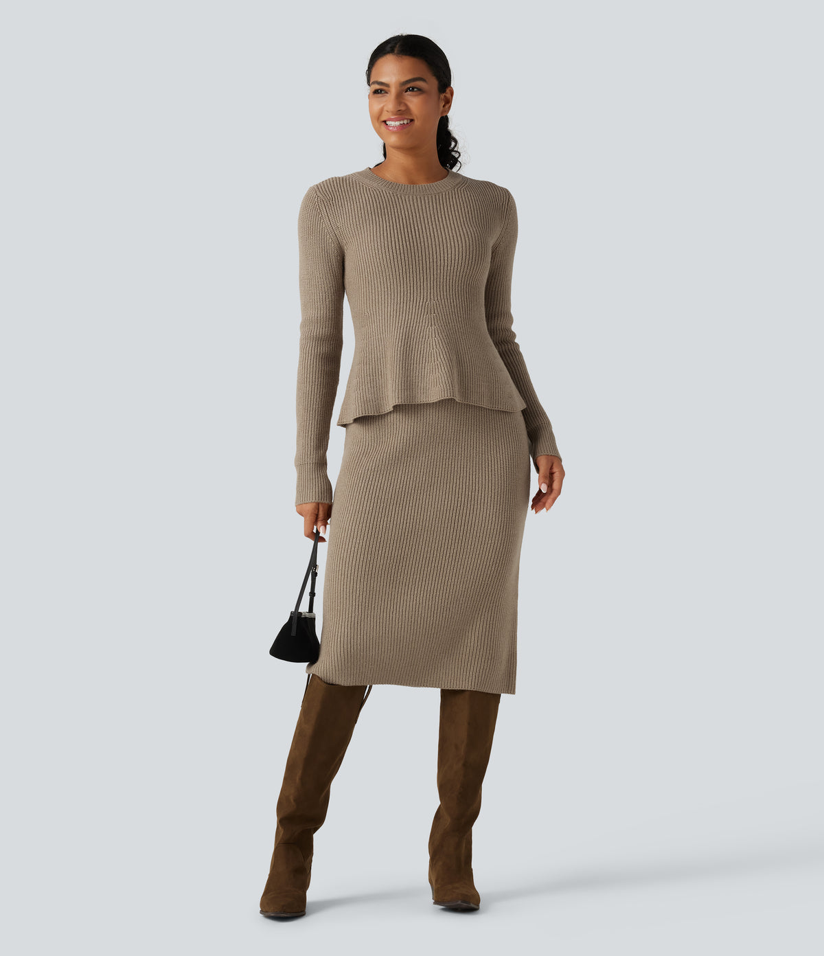 Round Neck Long Sleeve Ruffle Hem Work Jumper — Dark Reddish Brown — view 6