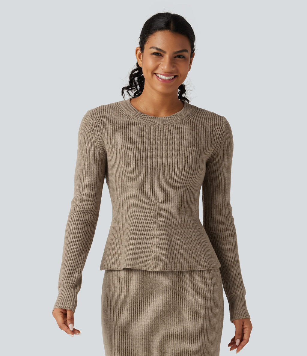 Round Neck Long Sleeve Ruffle Hem Work Jumper — Dark Reddish Brown — view 1