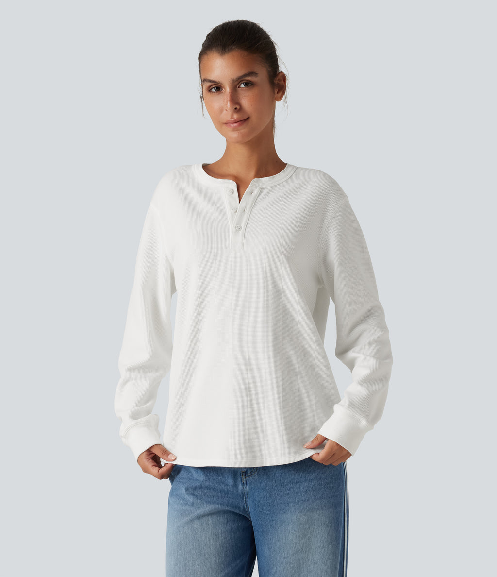 Henley Neck Long Sleeve Waffle Casual Top — White — view 4