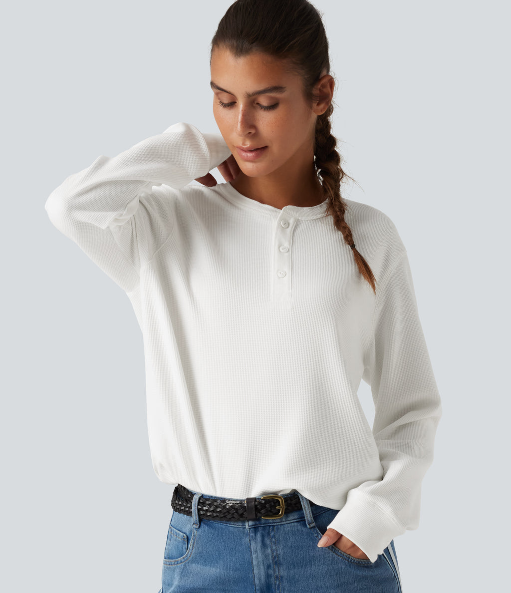 Henley Neck Long Sleeve Waffle Casual Top — White — view 5
