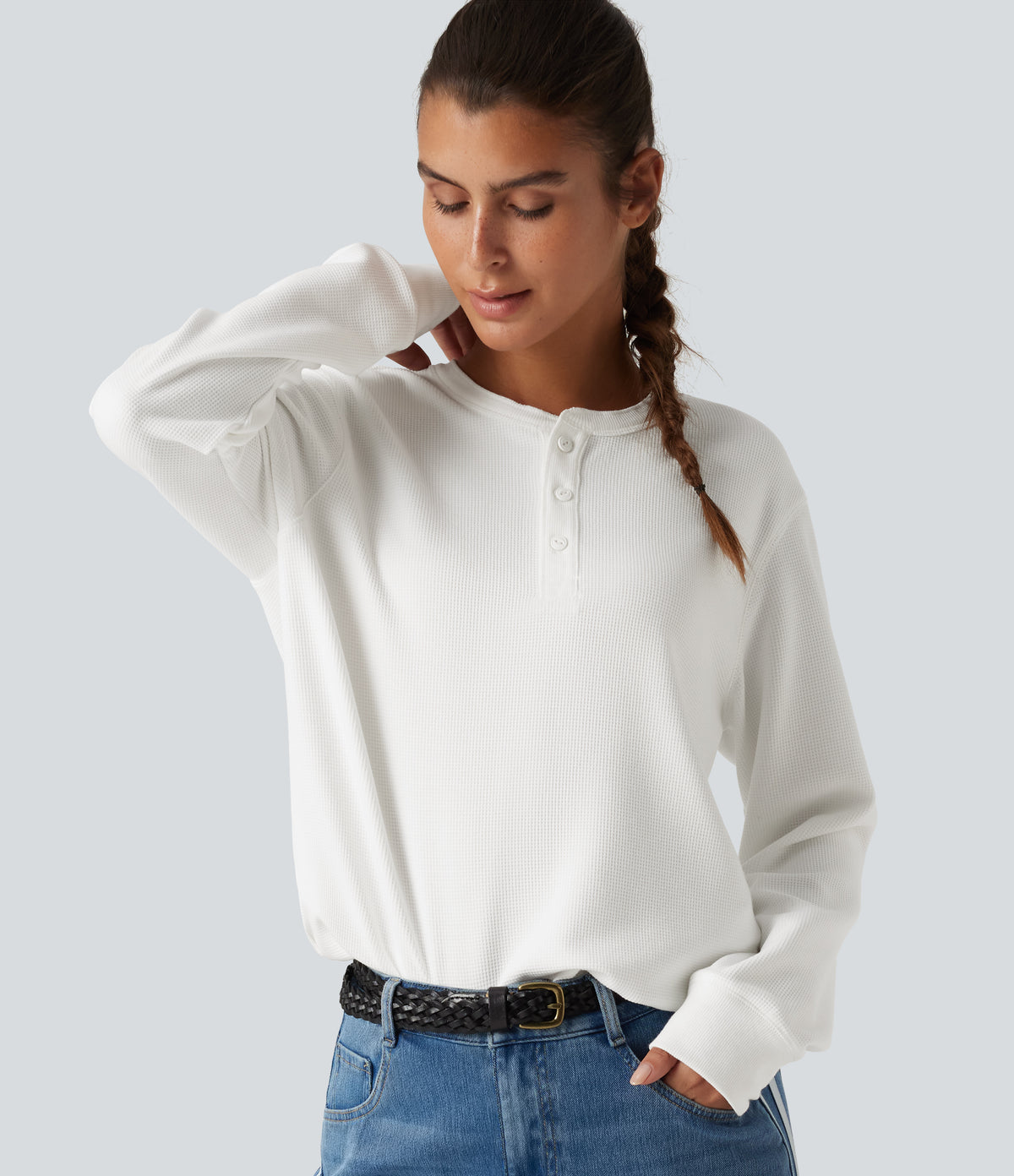 Henley Neck Long Sleeve Waffle Casual Top — White — view 5