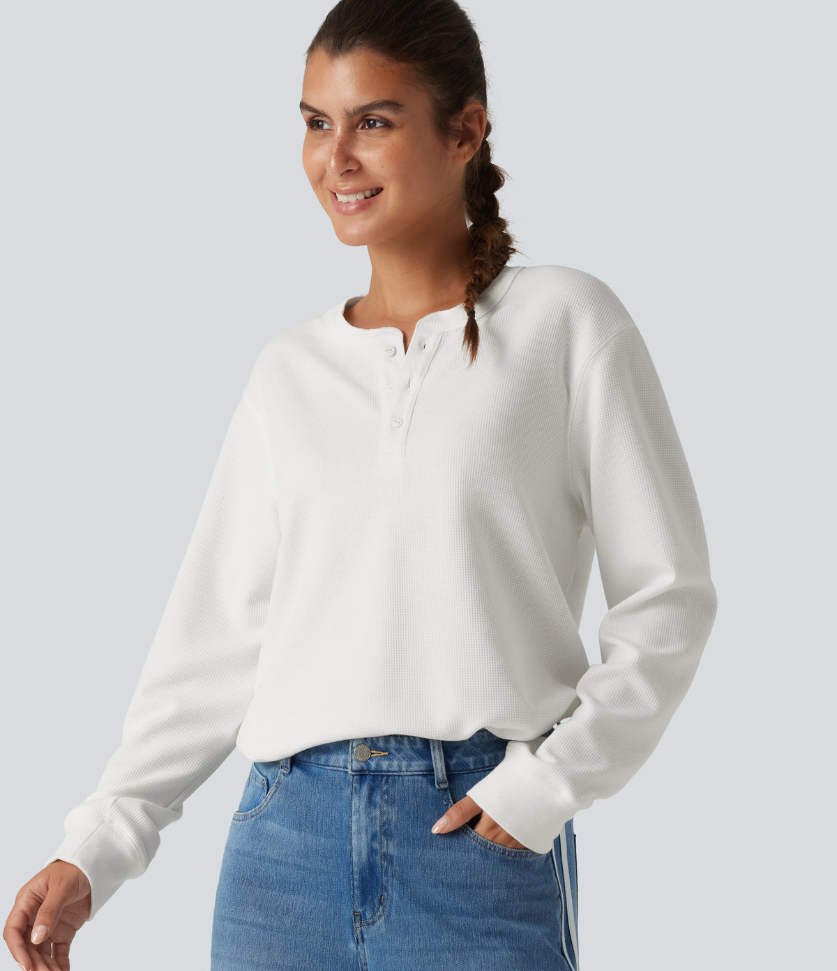 Henley Neck Long Sleeve Waffle Casual Top — White — view 1