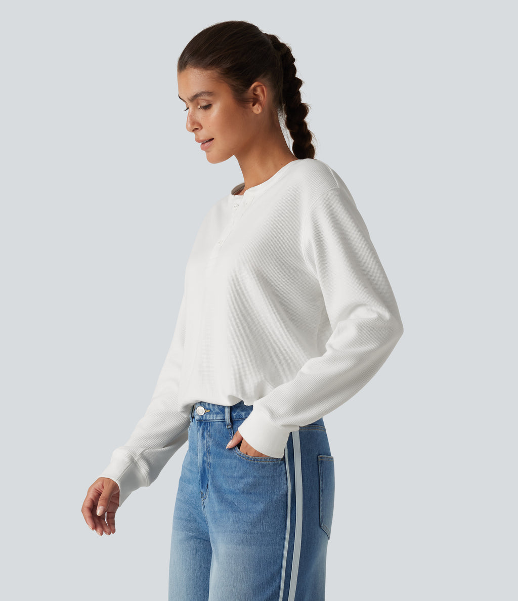 Henley Neck Long Sleeve Waffle Casual Top — White — view 3