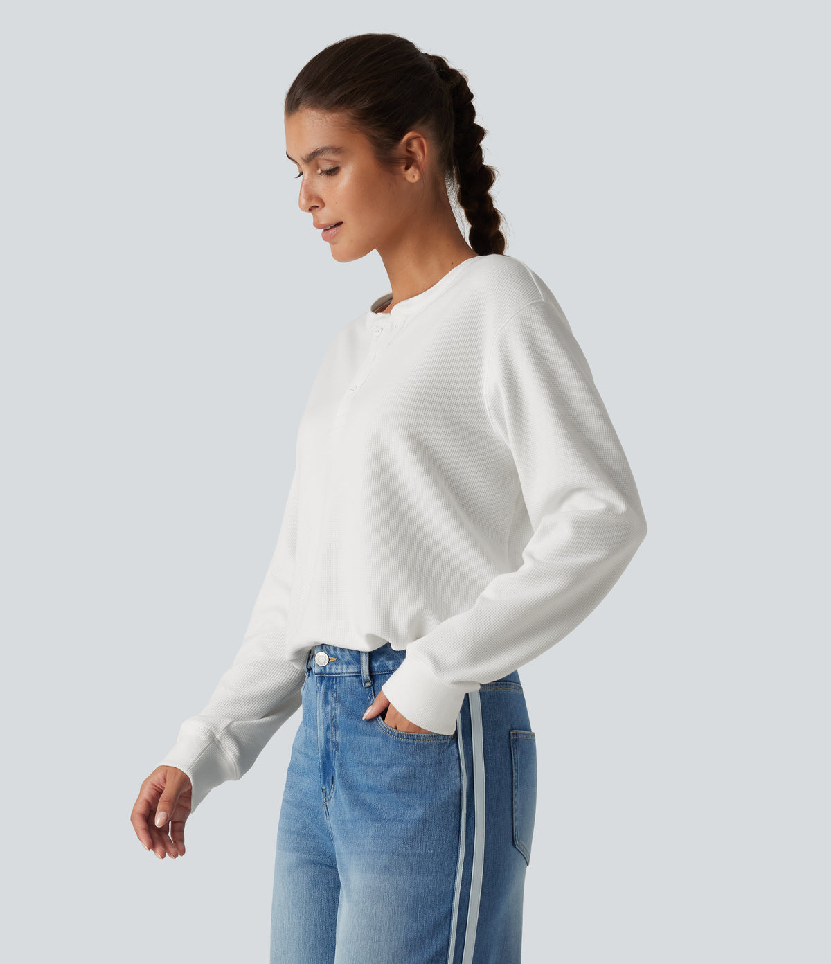Henley Neck Long Sleeve Waffle Casual Top — White — view 3