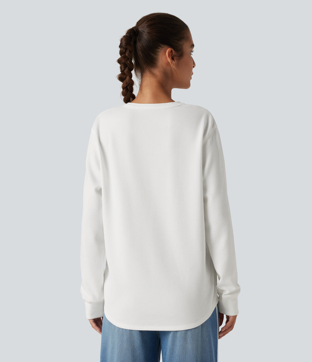Henley Neck Long Sleeve Waffle Casual Top — White — view 2