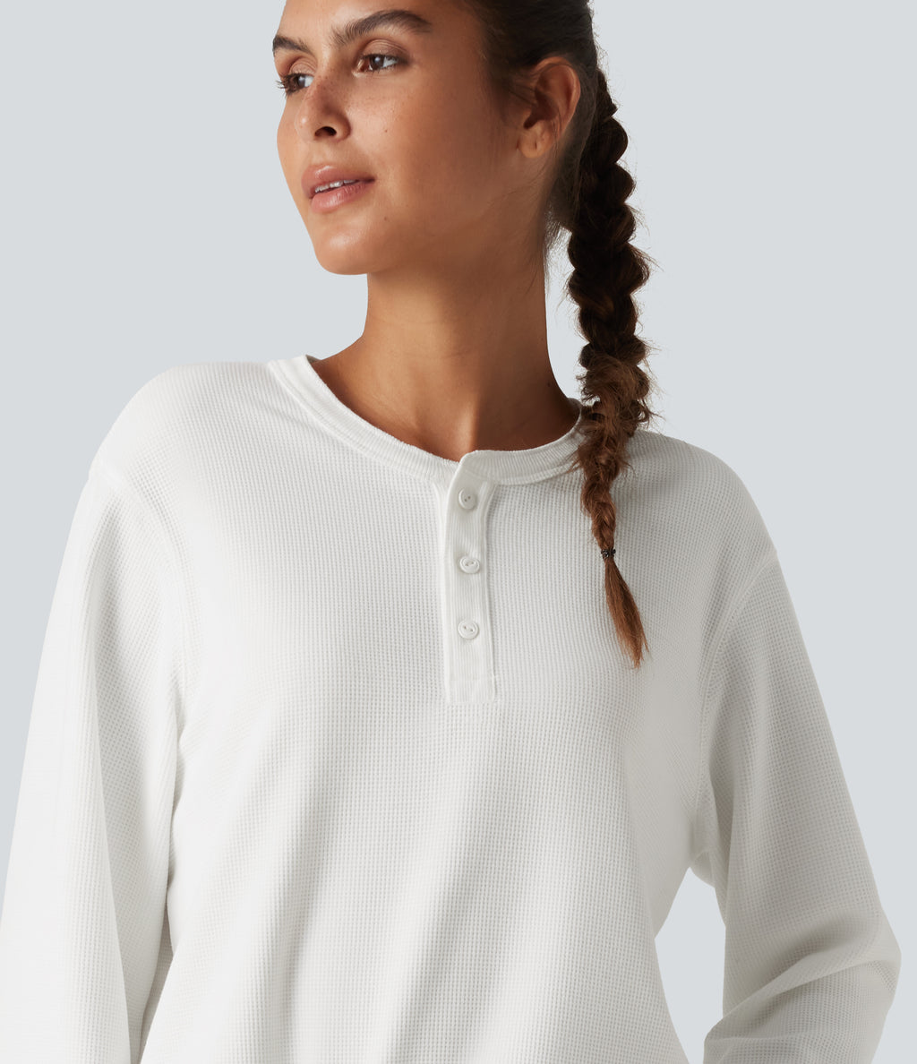 Henley Neck Long Sleeve Waffle Casual Top — White — view 6