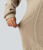 Round Neck Long Sleeve Cable Knit Mini Casual Jumper Dress — Wheat Beige — view 5
