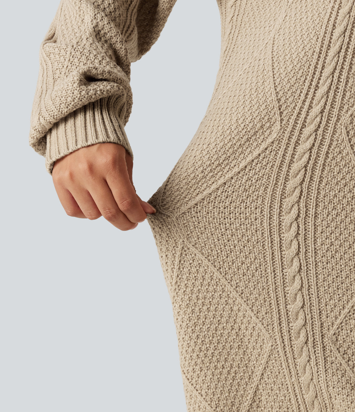 Round Neck Long Sleeve Cable Knit Mini Casual Jumper Dress — Wheat Beige — view 5