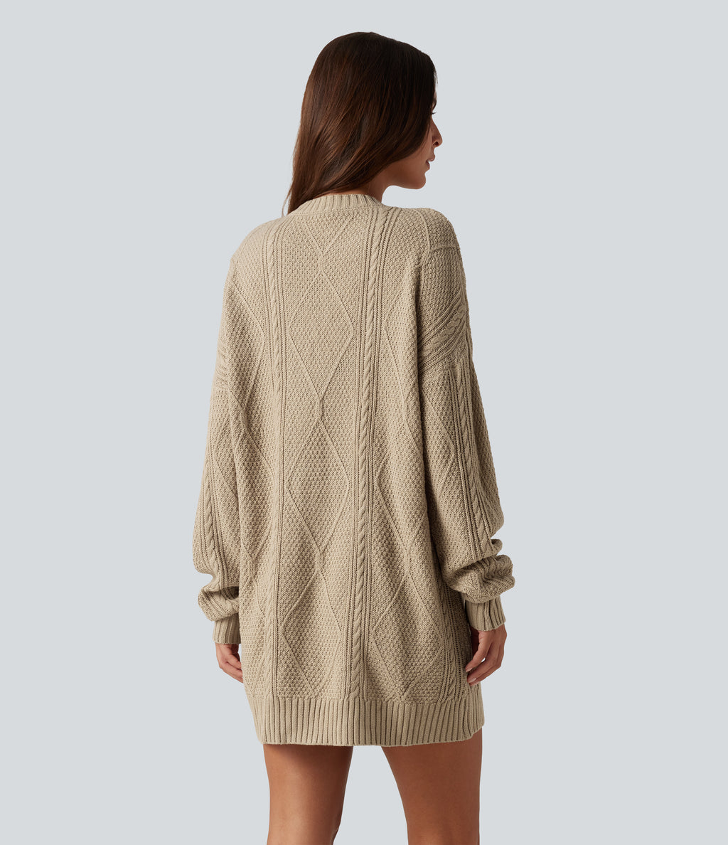Round Neck Long Sleeve Cable Knit Mini Casual Jumper Dress — Wheat Beige — view 2