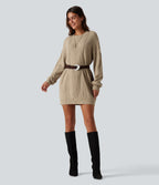 Round Neck Long Sleeve Cable Knit Mini Casual Jumper Dress — Wheat Beige — view 6