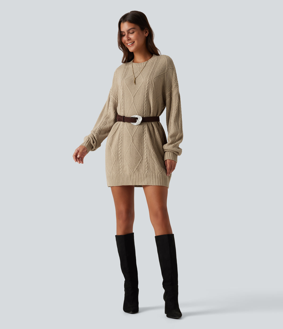Round Neck Long Sleeve Cable Knit Mini Casual Jumper Dress — Wheat Beige — view 6