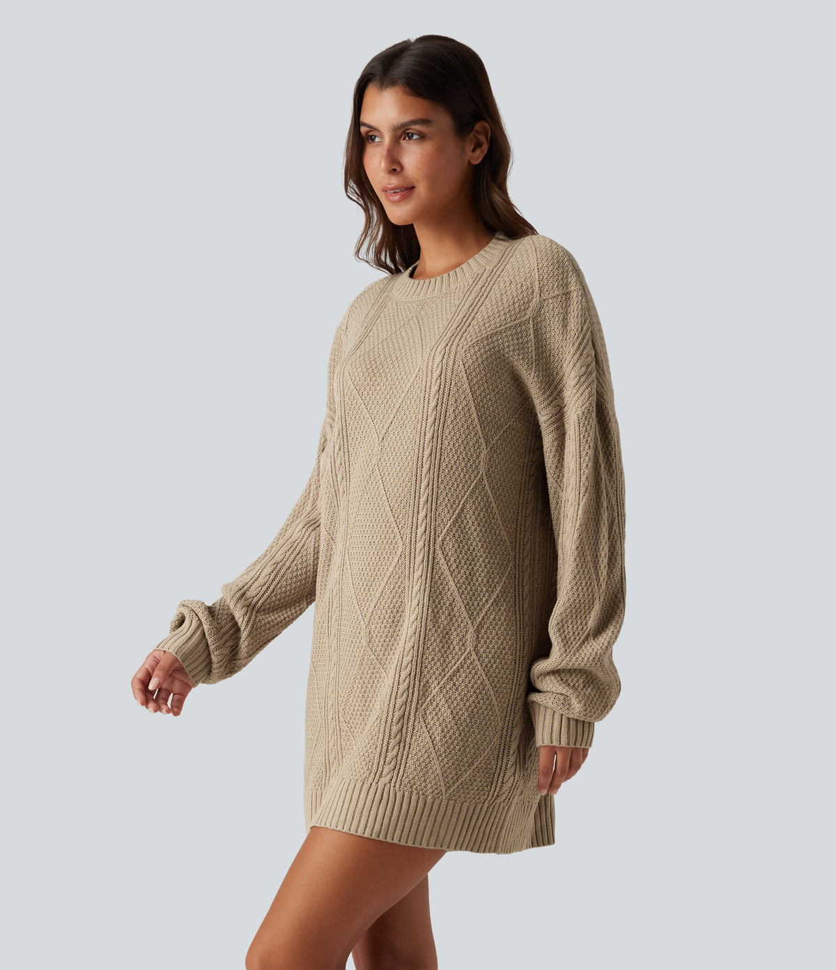 Round Neck Long Sleeve Cable Knit Mini Casual Jumper Dress — Wheat Beige — view 3