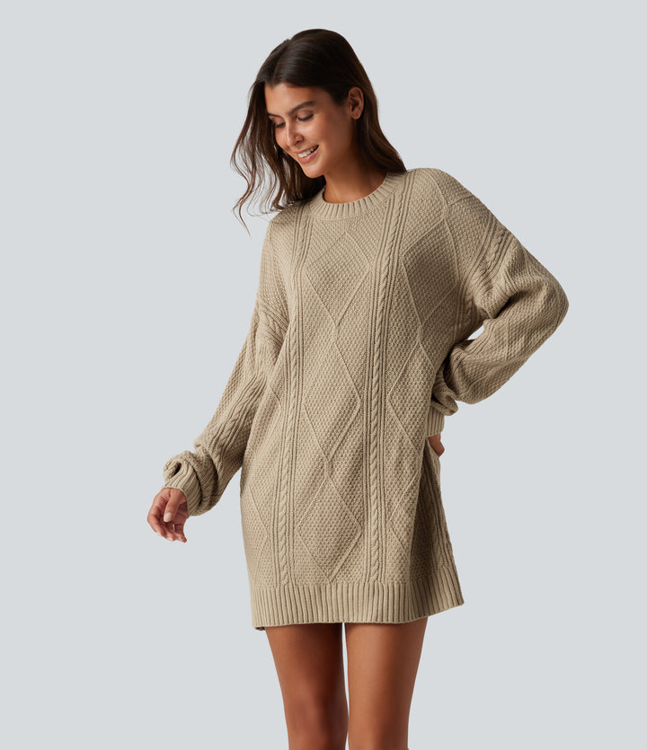 Round Neck Long Sleeve Cable Knit Mini Casual Jumper Dress — Wheat Beige — view 1