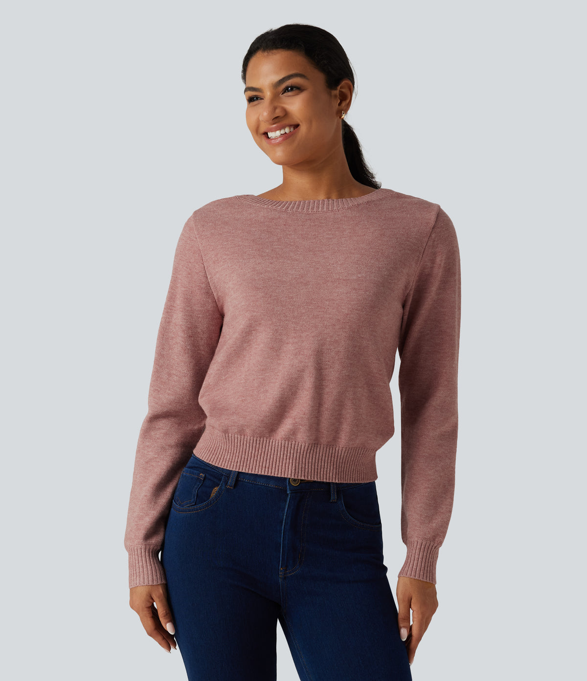 Round Neck Long Sleeve Twisted Casual Jumper — Mottled Begonia — view 2