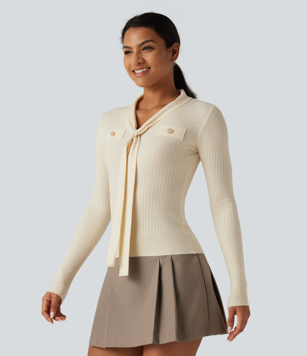 V Neck Long Sleeve Tie Front Slim Work Jumper — Pillowtalk - Light Beige — view 3