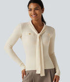 V Neck Long Sleeve Tie Front Slim Work Jumper — Pillowtalk - Light Beige — view 5