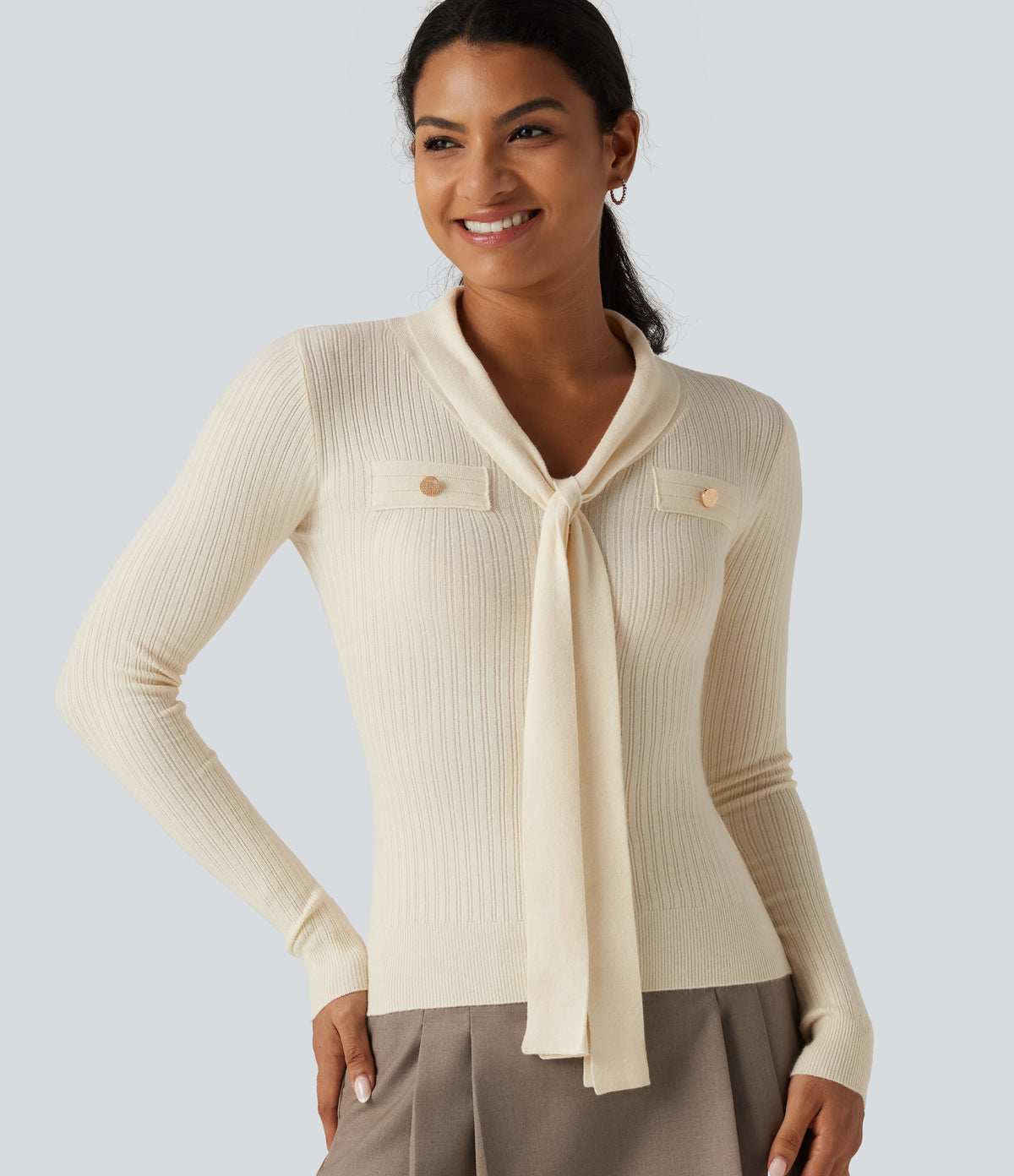 V Neck Long Sleeve Tie Front Slim Work Jumper — Pillowtalk - Light Beige — view 5