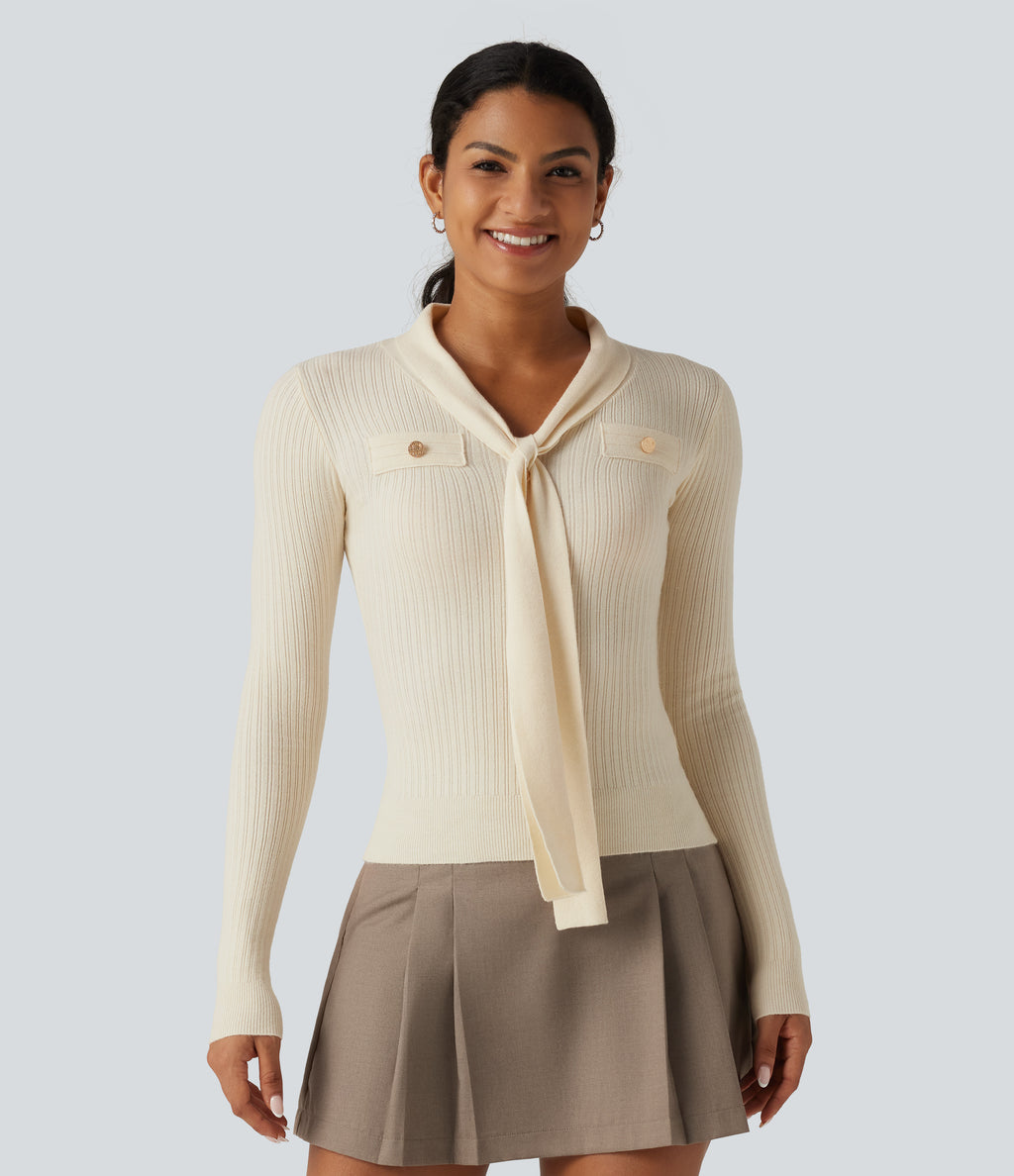 V Neck Long Sleeve Tie Front Slim Work Jumper — Pillowtalk - Light Beige — view 1