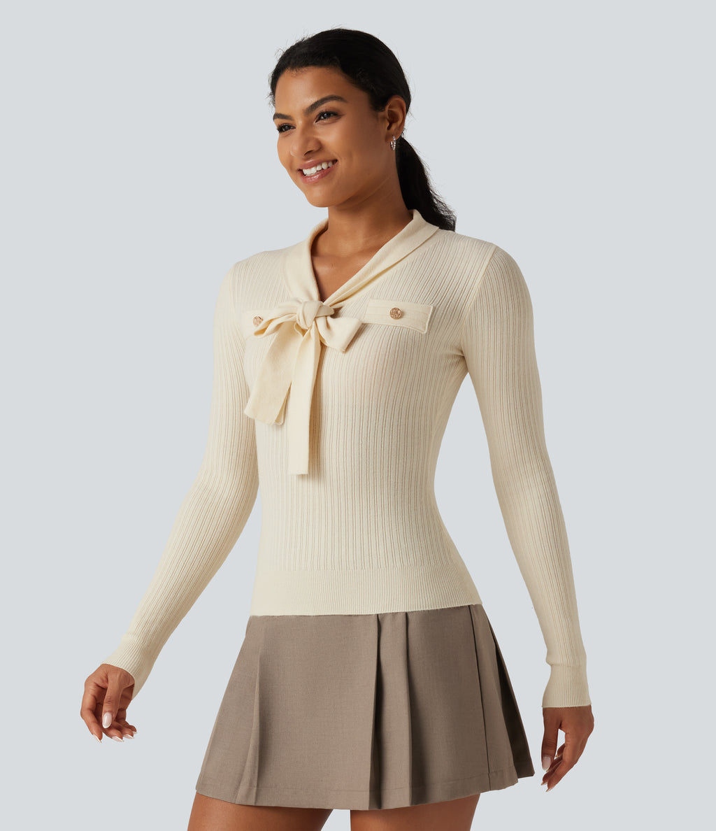 V Neck Long Sleeve Tie Front Slim Work Jumper — Pillowtalk - Light Beige — view 4