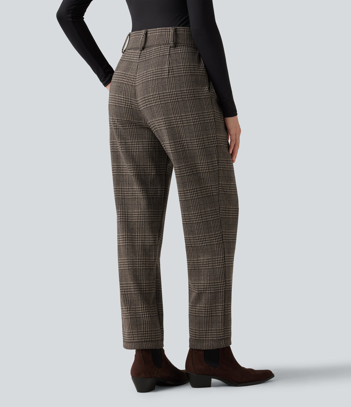 High Waisted Tapered Houndstooth Plaid Work Trousers with Pockets — Brown Houndstooth Plaid — view 2