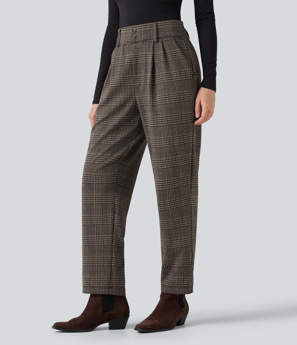High Waisted Tapered Houndstooth Plaid Work Trousers with Pockets — Brown Houndstooth Plaid — view 3