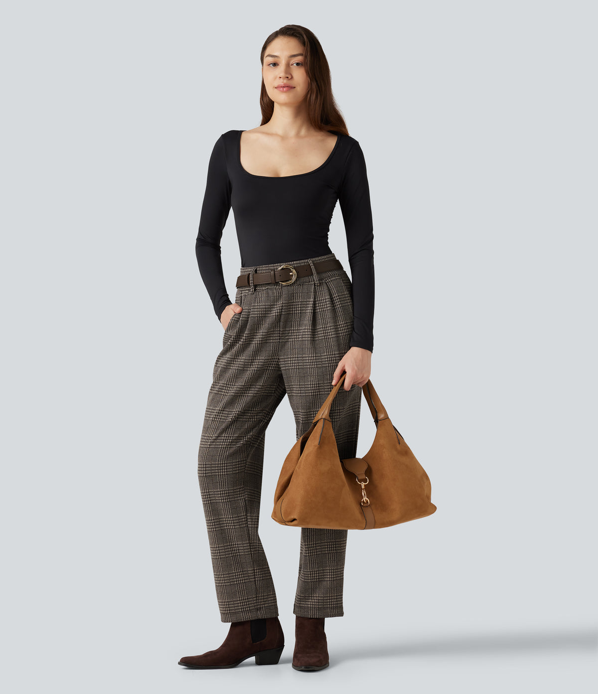 High Waisted Tapered Houndstooth Plaid Work Trousers with Pockets — Brown Houndstooth Plaid — view 7