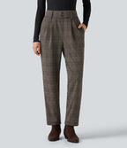 High Waisted Tapered Houndstooth Plaid Work Trousers with Pockets — Brown Houndstooth Plaid — view 1