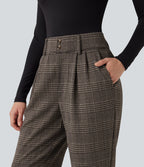 High Waisted Tapered Houndstooth Plaid Work Trousers with Pockets — Brown Houndstooth Plaid — view 5