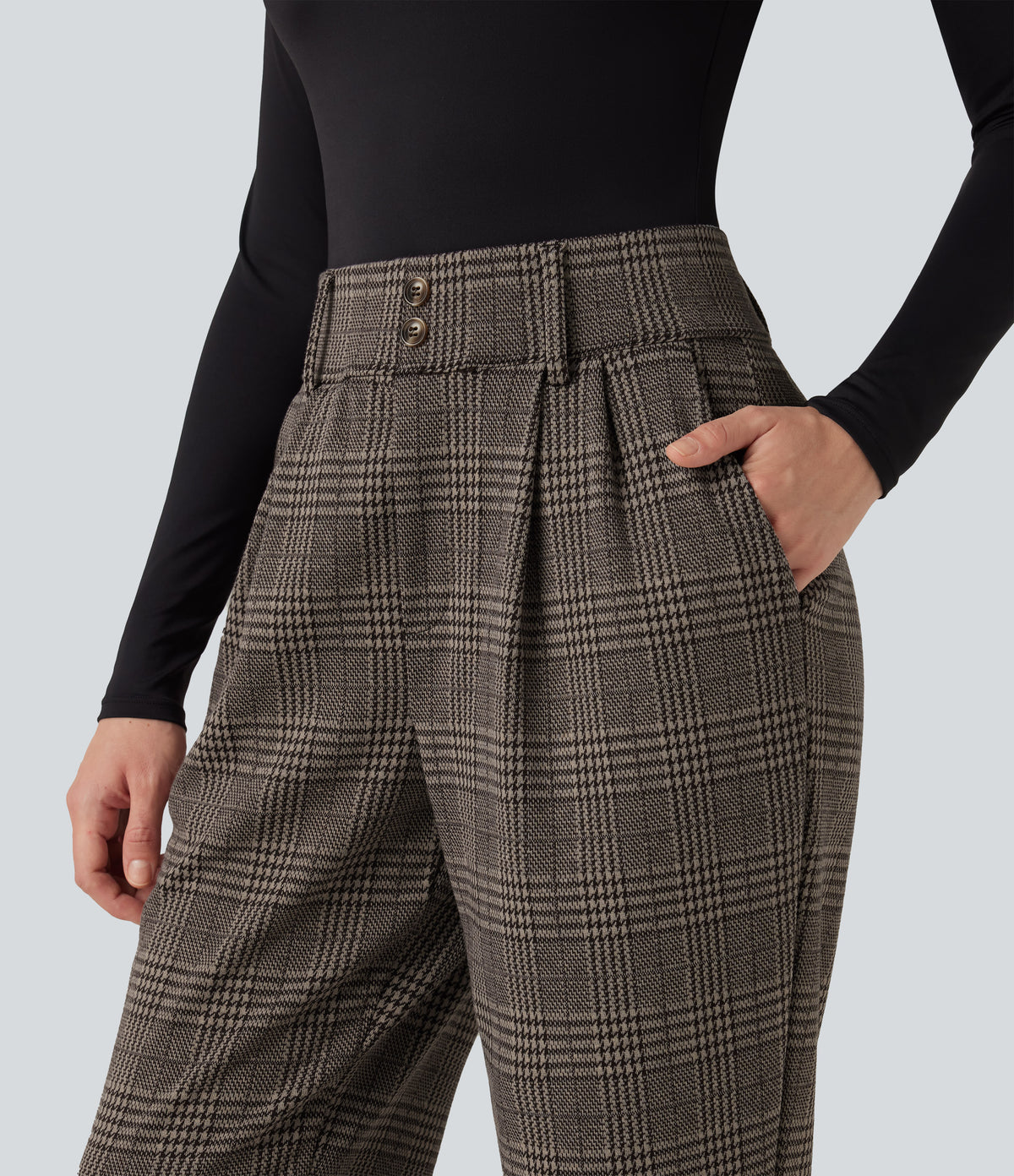 High Waisted Tapered Houndstooth Plaid Work Trousers with Pockets — Brown Houndstooth Plaid — view 5