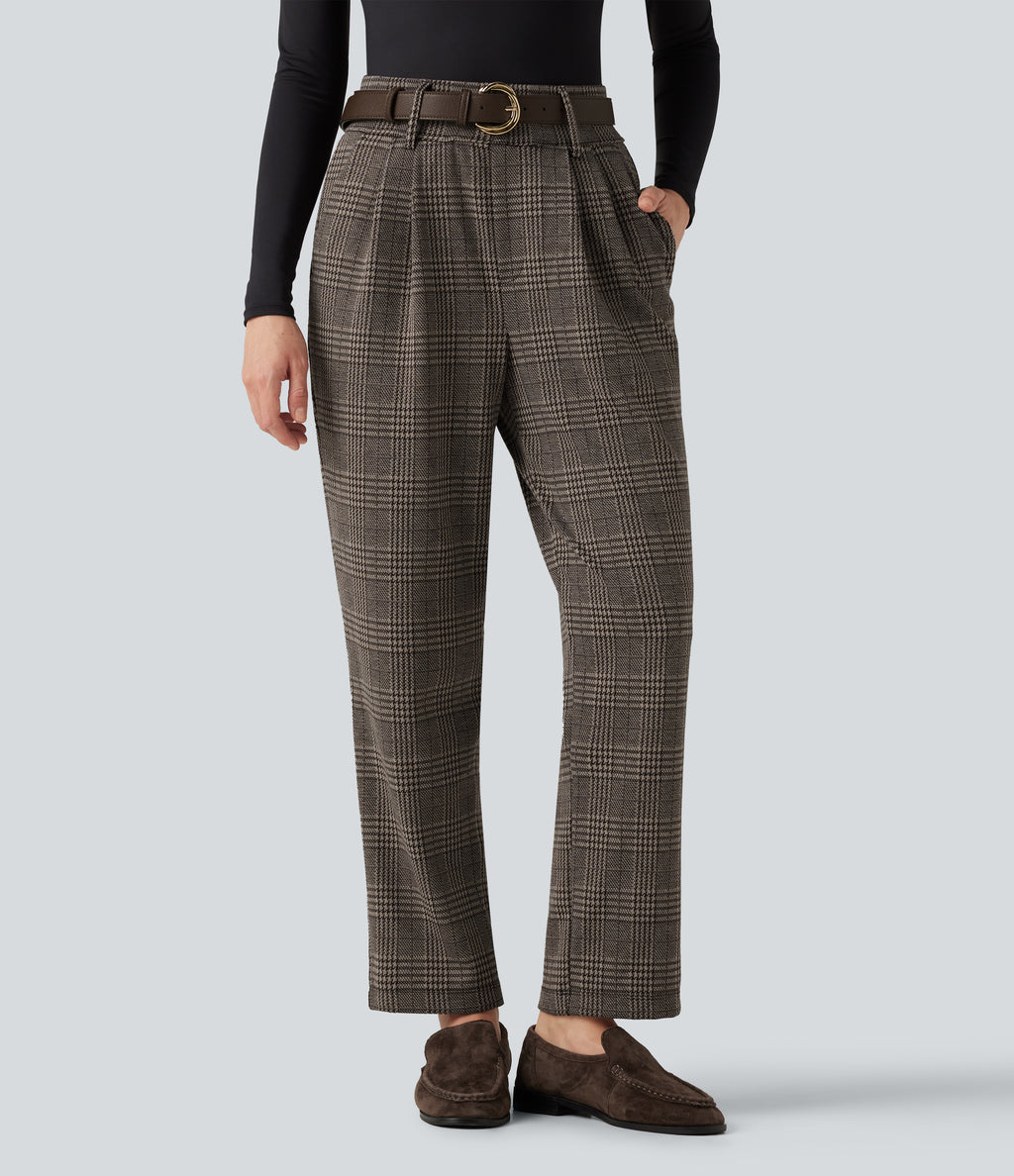 High Waisted Tapered Houndstooth Plaid Work Trousers with Pockets — Brown Houndstooth Plaid — view 4
