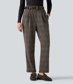 High Waisted Tapered Houndstooth Plaid Work Trousers with Pockets — Brown Houndstooth Plaid — view 4