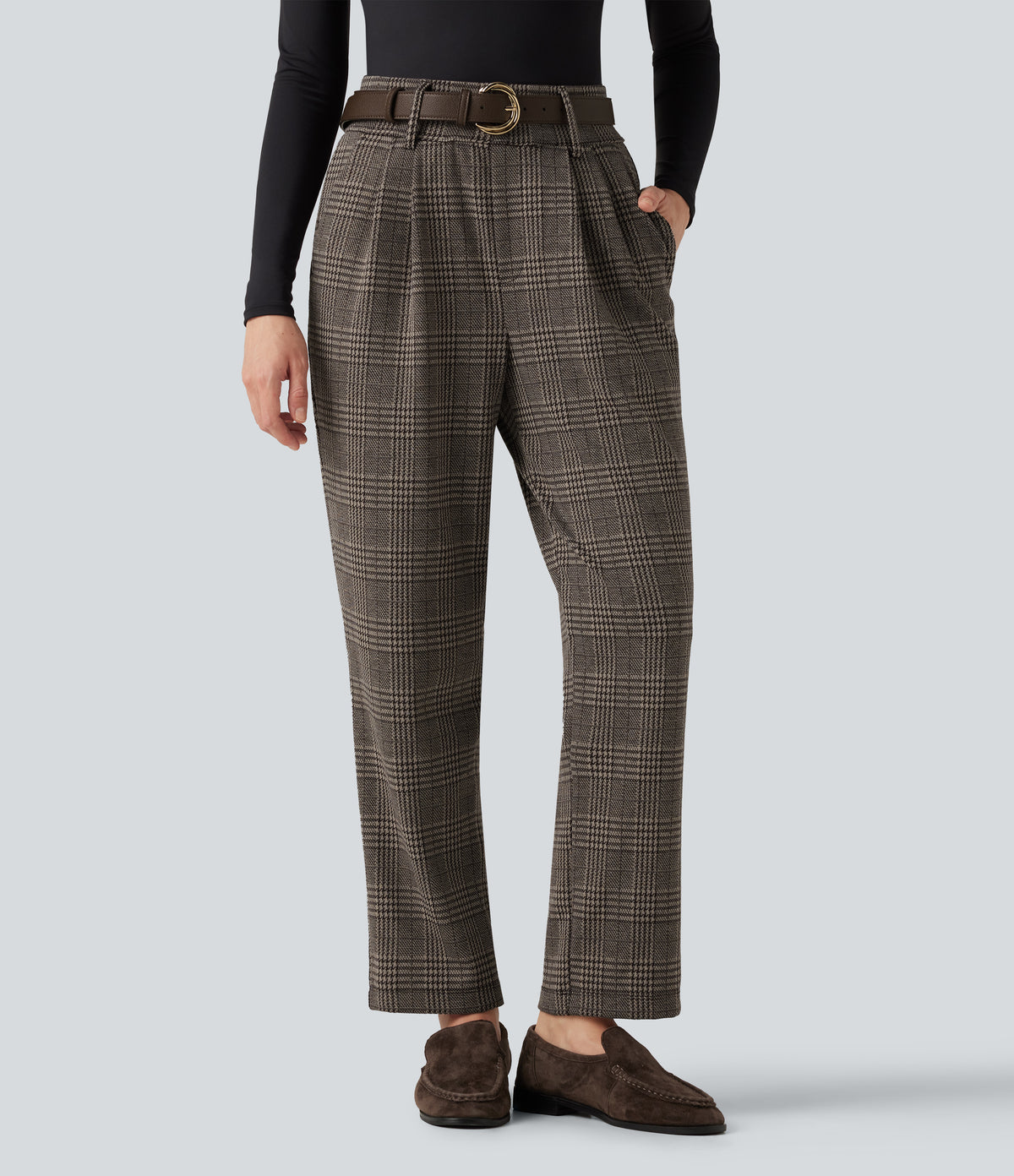 High Waisted Tapered Houndstooth Plaid Work Trousers with Pockets — Brown Houndstooth Plaid — view 4