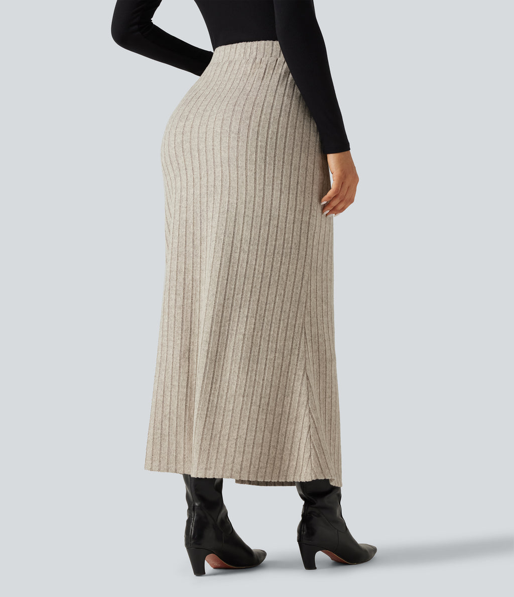 Ribbed Knit High Waisted Split Bodycon Maxi Casual Skirt with Pockets — Warm Grey Floral Velvet — view 2
