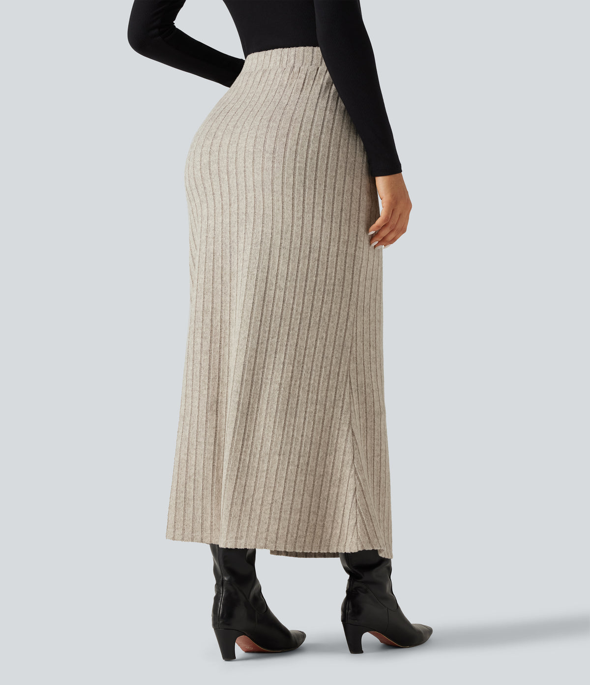 Ribbed Knit High Waisted Split Bodycon Maxi Casual Skirt with Pockets — Warm Grey Floral Velvet — view 2