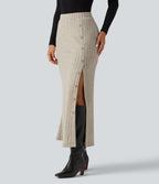 Ribbed Knit High Waisted Split Bodycon Maxi Casual Skirt with Pockets — Warm Grey Floral Velvet — view 4