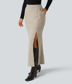 Ribbed Knit High Waisted Split Bodycon Maxi Casual Skirt with Pockets — Warm Grey Floral Velvet — view 1