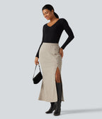 Ribbed Knit High Waisted Split Bodycon Maxi Casual Skirt with Pockets — Warm Grey Floral Velvet — view 6