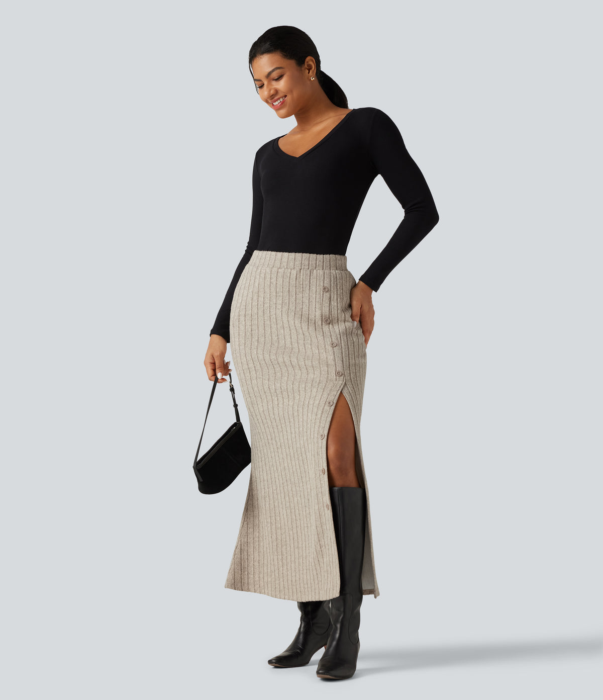 Ribbed Knit High Waisted Split Bodycon Maxi Casual Skirt with Pockets — Warm Grey Floral Velvet — view 6