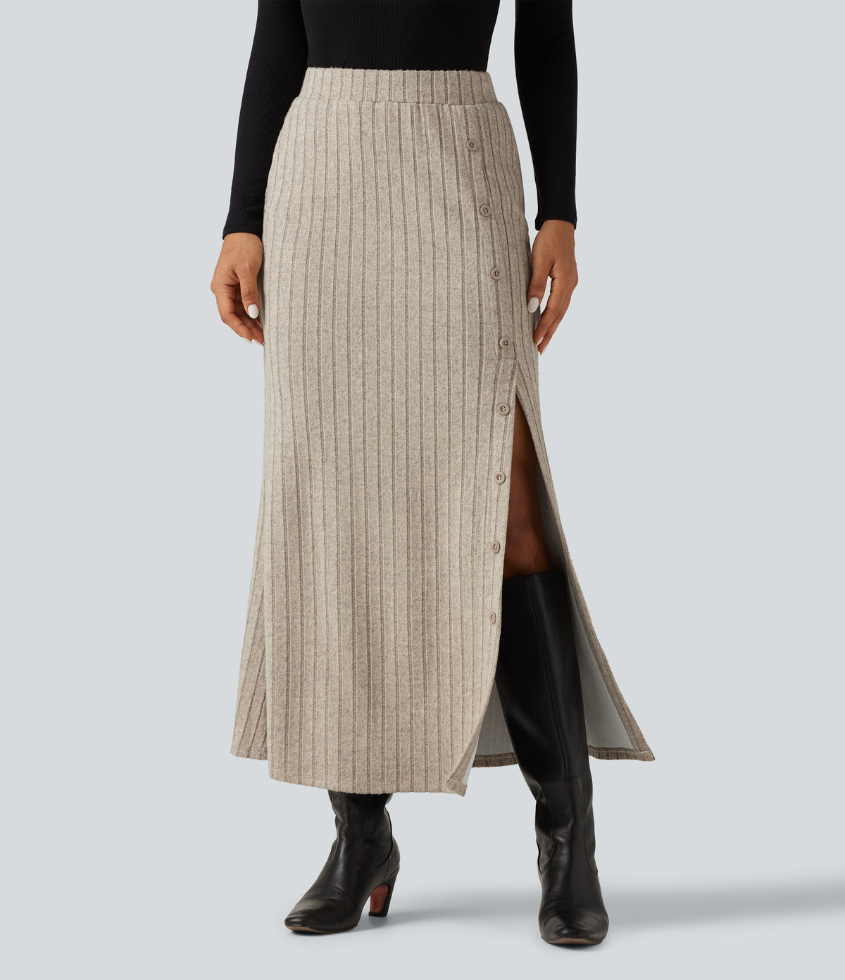 Ribbed Knit High Waisted Split Bodycon Maxi Casual Skirt with Pockets — Warm Grey Floral Velvet — view 3