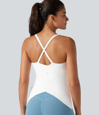 Scoop Neck Crisscross Back Crossover Hem Built-in Bra Yoga Cami Top DD-F Cups-Longer Length — White — view 5