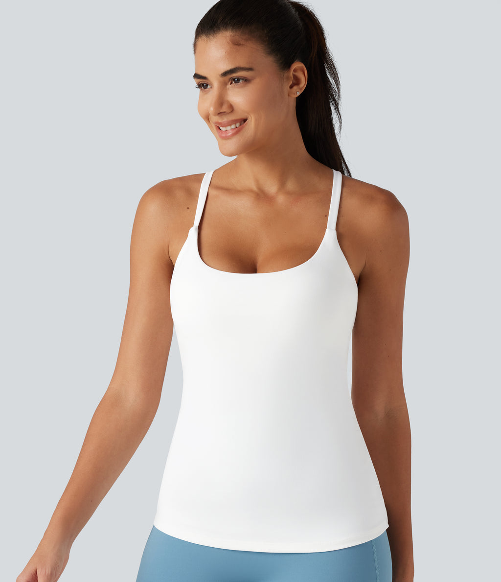 Scoop Neck Crisscross Back Crossover Hem Built-in Bra Yoga Cami Top DD-F Cups-Longer Length — White — view 6